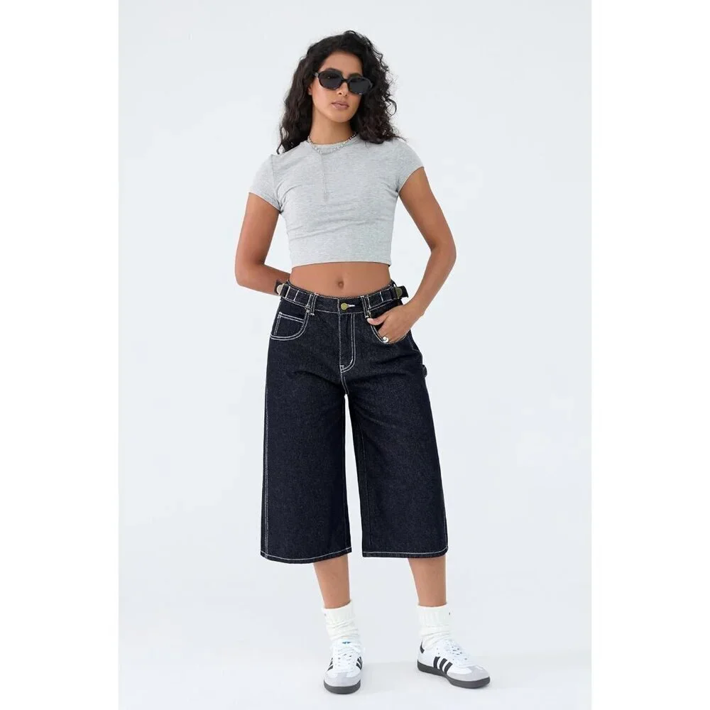 Womens Denim Jorts Shorts Baggy Mid Rise Summer Casual Street Wear